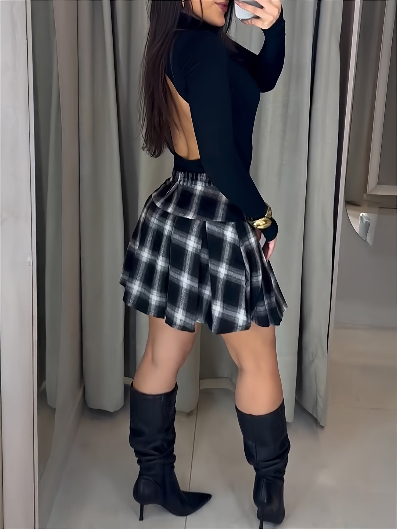 High Neck Long Sleeve Open Back Jumpsuit and Casual Plaid Print Pleated Skirt Set
