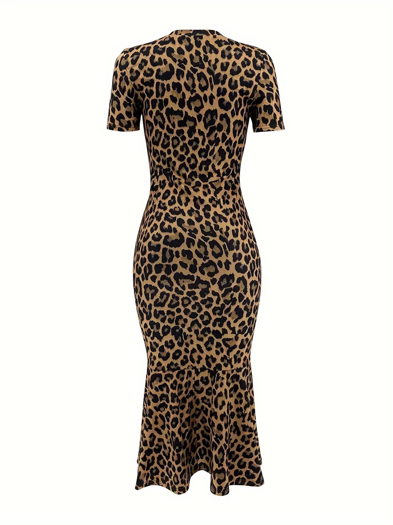 Leopard Print Crew Neck Dress, Elegant Short Sleeve Ruffle Mermaid Hem Dress For Spring & Summer, Women's Clothing