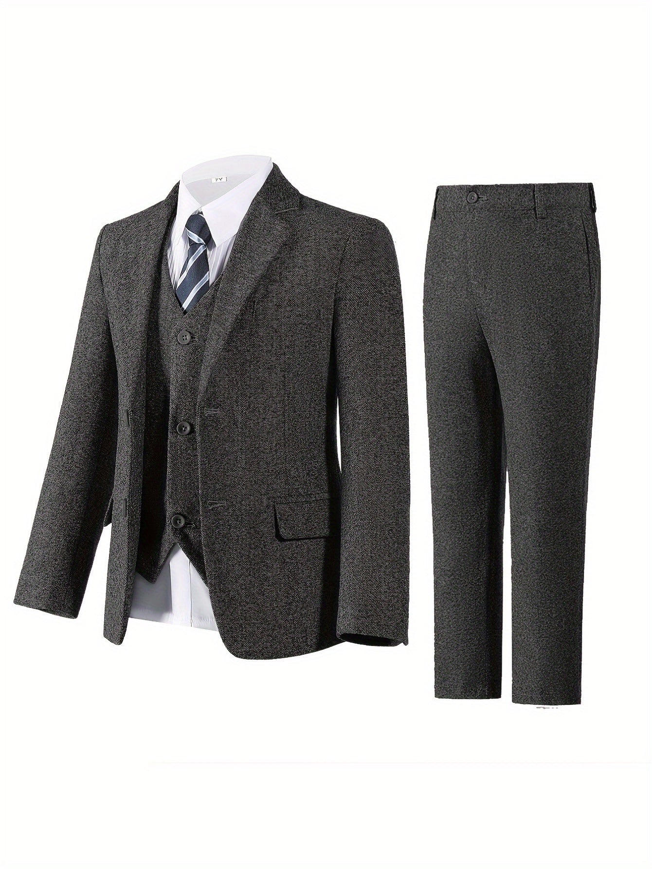 Boys' 3pcs Slim Fit Tuxedo-Style Suit Set Herringbone Jacket Vest Dress Pants Formal Wedding Attire with Ring Bearer Gloves