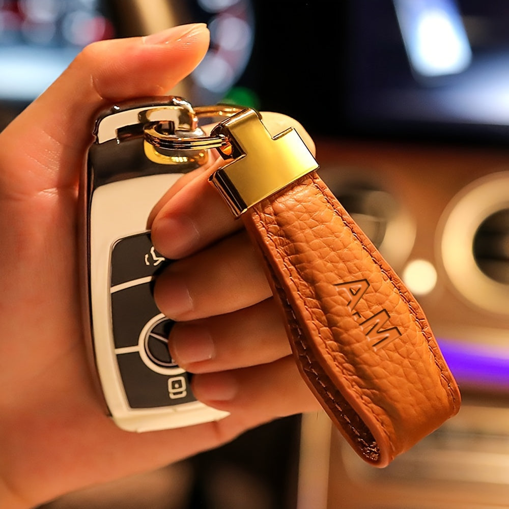 Personalized Engraved Initials Keychain - Custom Faux Leather Key Ring with Golden-Tone Climbing Hook, 4 Colors (Golden, Black, Brown, Tan) - Durable Minimalist Design for Men & Women - Valentine's Day, Christmas, New Year Gi