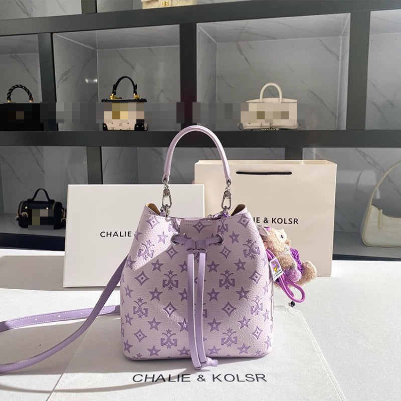 2025 New Large Capacity Purple Bucket Bag for Women - Elegant Geometric Pattern, with Embossed Detailing, Adjustable Shoulder Strap & Golden-Tone Hardware, Durable Polyester Lining, Stylish Everyday Handbag, Sophisticated Acc