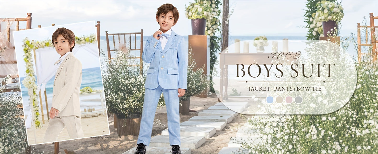 Kids' Elegant Blue Checkered Suit with Bow Tie - Perfect for Weddings and Formal Events, Slim Fit, Long Sleeve, Non-Stretch Fabric, Party Attire|Formal Attire|Slim Fit Suit