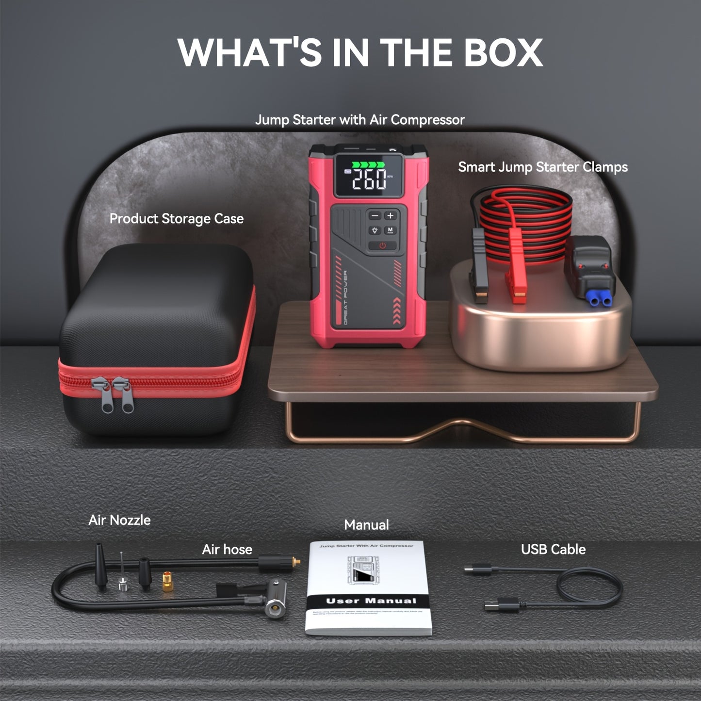 Portable Car Air Compressor & Jump Starter with LED Emergency Light, 3000A Peak Power, 12V for Gas/Diesel Engines, USB Input/Output, Digital Tire Inflator, Red, Insulated Material, Fast Charging, Car Accessories Tools, Vehicl