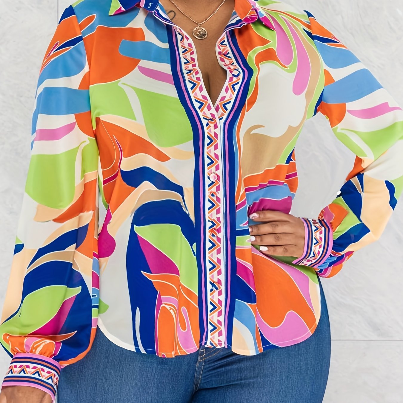 Casual Long Sleeve Abstract Print Button Front Shirt, Women's Collar Clothing
