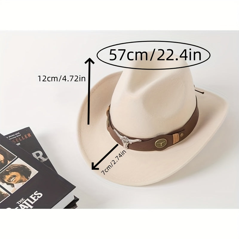 [2-Pack Western Cowboy Hats] 2-Pack Stylish Western Cowboy Hats, Beige & Brown, Unisex Polyester Felt Hats | Wide Brim Hat, Faux Leather & Bull Head Belt, Perfect for Western Themed Events, Costume Parties, and Outdoor Advent
