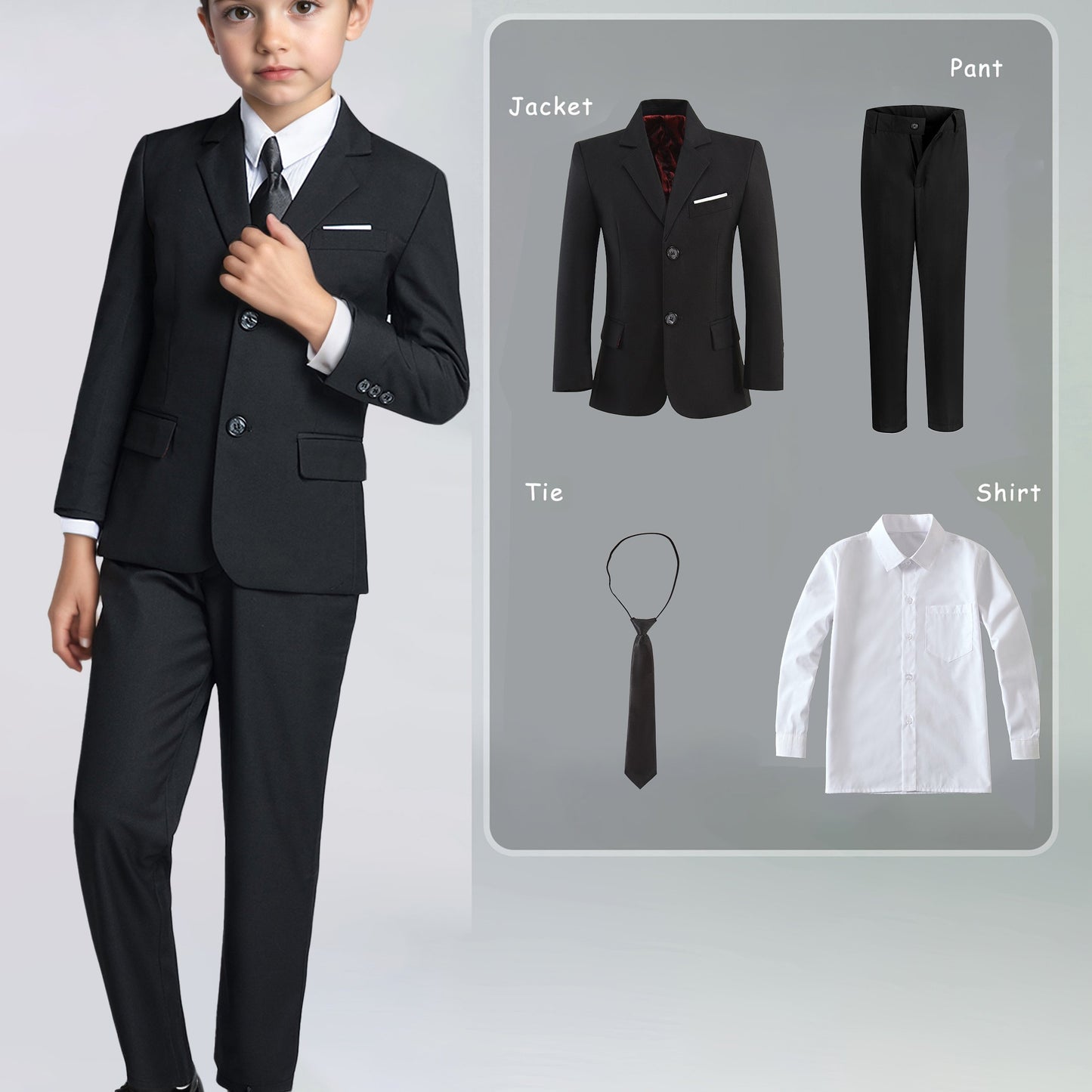 Boys' 4pcs Serge Suit Set: Jacket + White Ruffled Shirt + Pants + White Tie, White/ Black/ Royal Blue, Sizes 2-16, Ideal for Weddings/ Flower Boy/ Back to School, Perfect for Outdoor, Perfect for Thanksgiving, Perfect for Chr