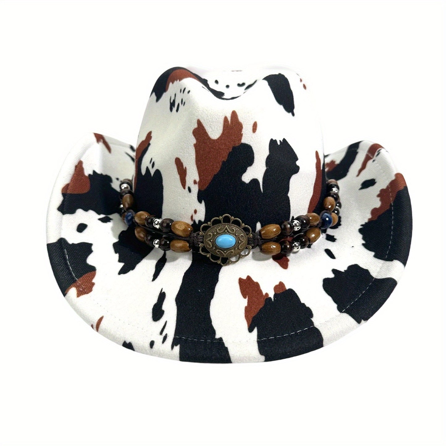 Cow Print Cowgirl Hat for Women & Men - Wide Brim Beaded Belt Western Cap with Black & White Cow Pattern, Brown & White Accents, Perfect for Parties, Beach, and Outdoor Events, Cowboy Hat, Party Accessory, Stylish Headwear