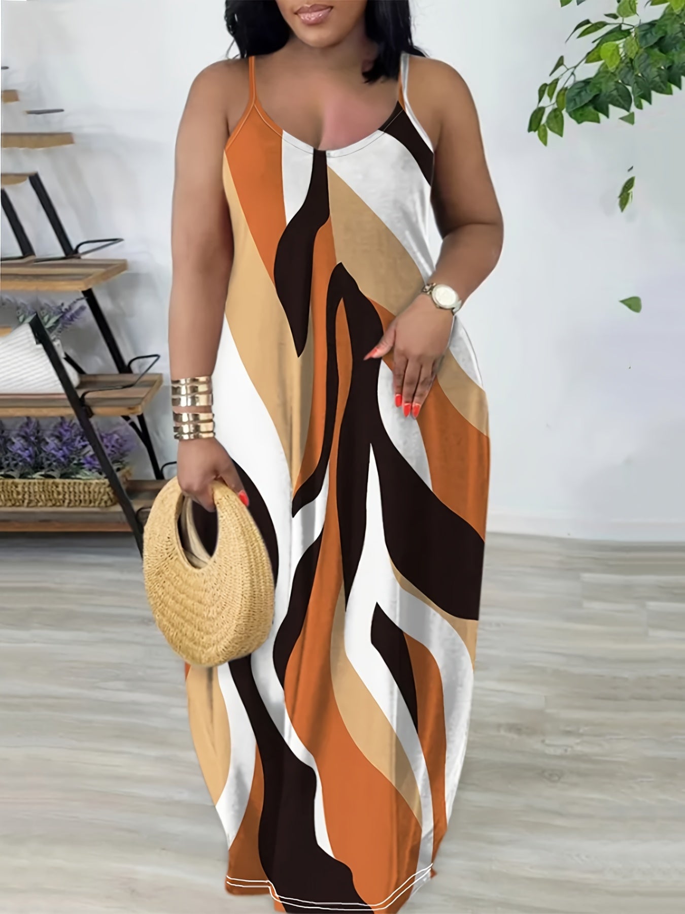 Plus Size Colorblock Print Cami Dress, Casual Sleeveless Dress For Spring & Summer, Women's Plus Size Clothing