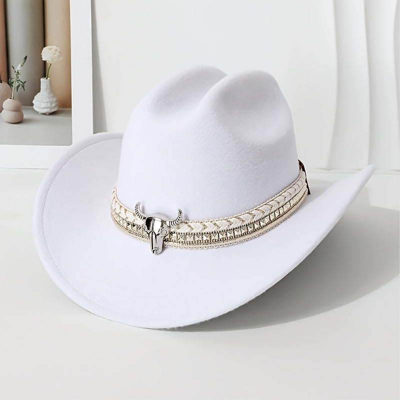 [Stylish Cowboy Hat] Stylish & Durable 1pc Western Cowboy Hat for Men & Women | Classic Black Wide Brim with Metallic Bull Headband, Hand-White Conical Accent, Reinforced Hard Hat Top for Parties, Costume Parties, Themed Even