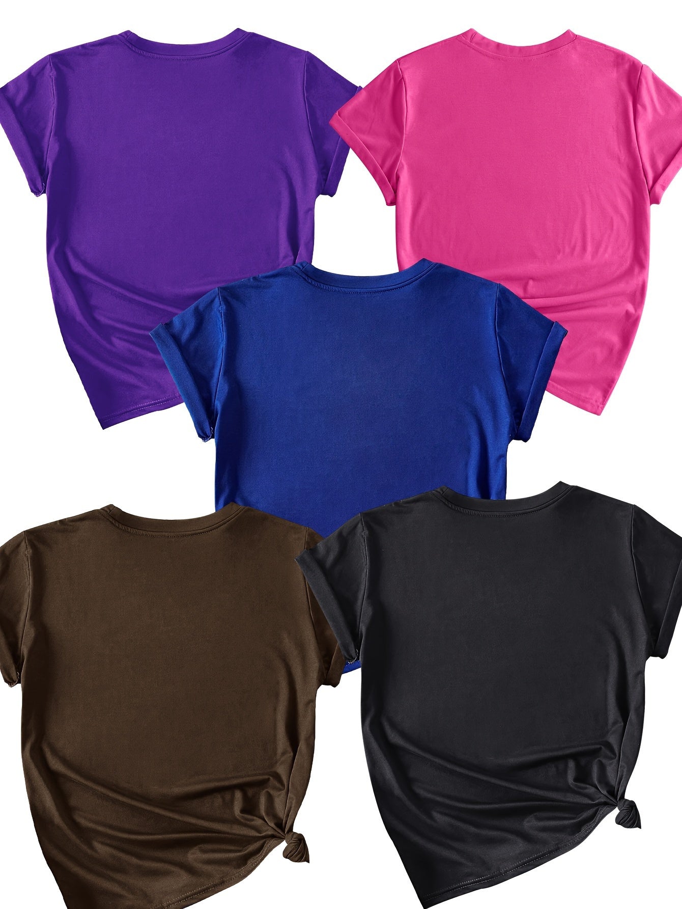 5pcs Women'S Casual Crew Neck T-Shirts - Short Sleeve, Polyester, All-Season, Round Neck, Short Sleeve Tee | Inspirational Print Tee | Comfortable Fit Tee