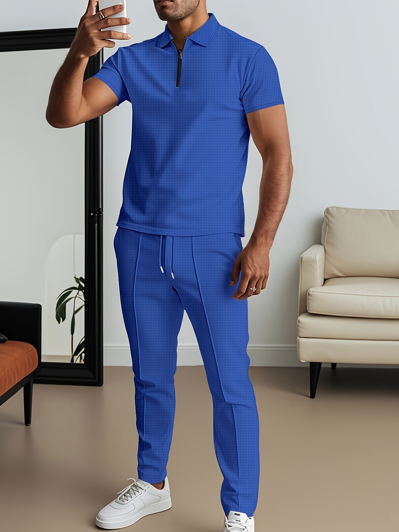 Men's Waffle Texture Lapel Shirt And Pants Set - Polyester Short Sleeved Shirt, Zipper Access, Elastic Drawstring Waist Straight Leg Pants 5 Colors Suitable For Spring, Summer, Autumn, Beach, Outdoor Activities, Daily Wear, S