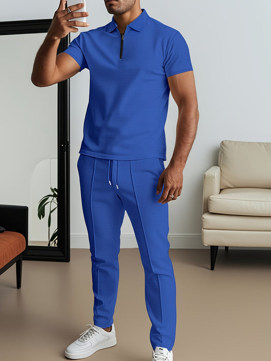 Men's Waffle Texture Lapel Shirt And Pants Set - Polyester Short Sleeved Shirt, Zipper Access, Elastic Drawstring Waist Straight Leg Pants 5 Colors Suitable For Spring, Summer, Autumn, Beach, Outdoor Activities, Daily Wear, S
