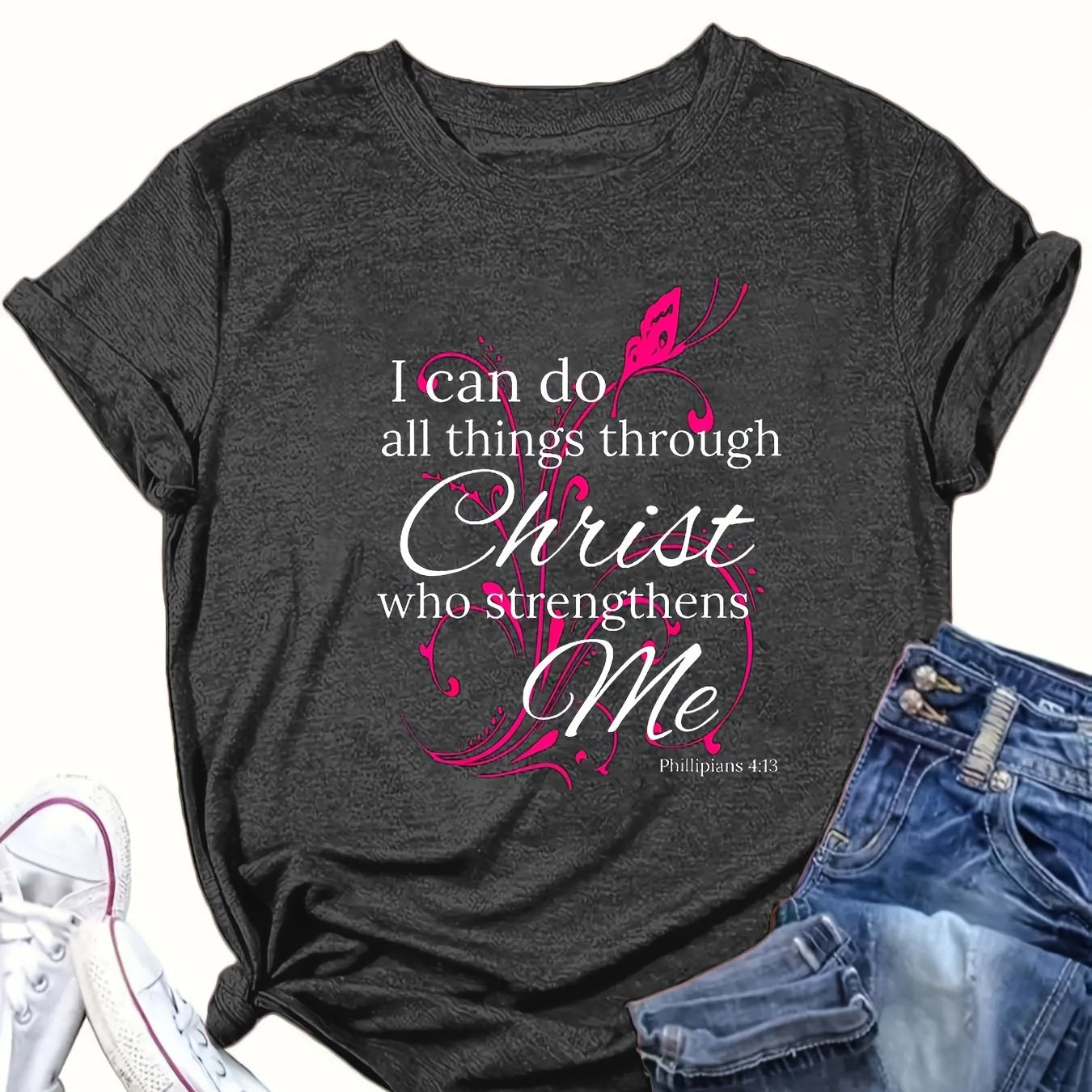 Women'S Plus Size Printed T-Shirt, Floral Graphic, Casual Loose Crew Neck, Soft Knit Fabric, 65% Polyester, 30% Viscose, 5% Elastane, Slight Stretch, All Seasons, 180g/m² - "I Can Do All Things Through Christ Who Strengthens