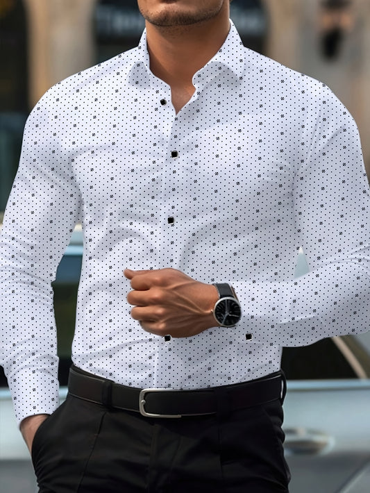 Men's Formal & Everyday Button-Up Shirt - Classic White with Black Dot Pattern, Easy-Care Non-Stretch Fabric, Long Sleeve Dress Shirt for Office, Formal Events, Casual Outfits - Ideal Gift for Dad, Husband, Boyfriend, Fathers