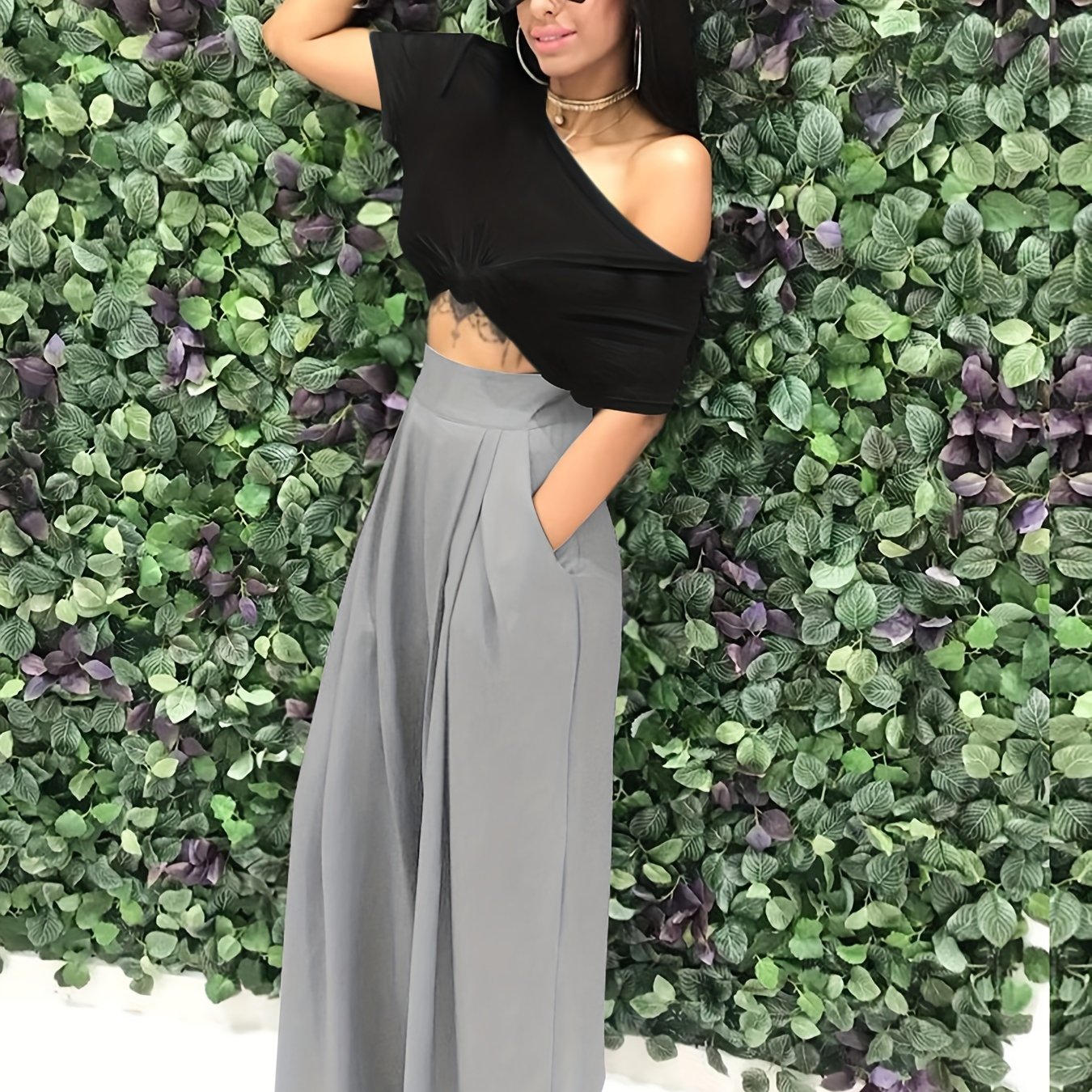 Loose Straight Flare Pants, Casual Pocket High Waist Solid Wide Leg Fashion Comfy Pants, Women's Clothing