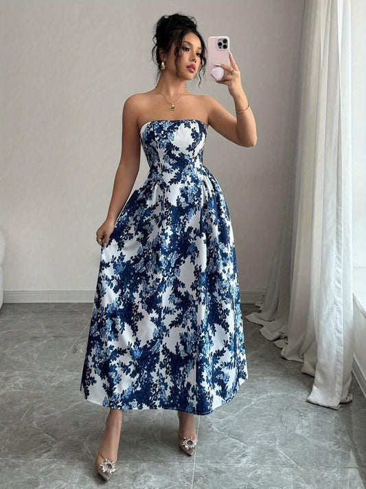 Women's Floral Print Off-the-Shoulder Ruched Waist Dress - Mid-Length Sleeveless Tube Top with Puff Sleeves, Machine Washable Resort Wear for Spring Summer Fall
