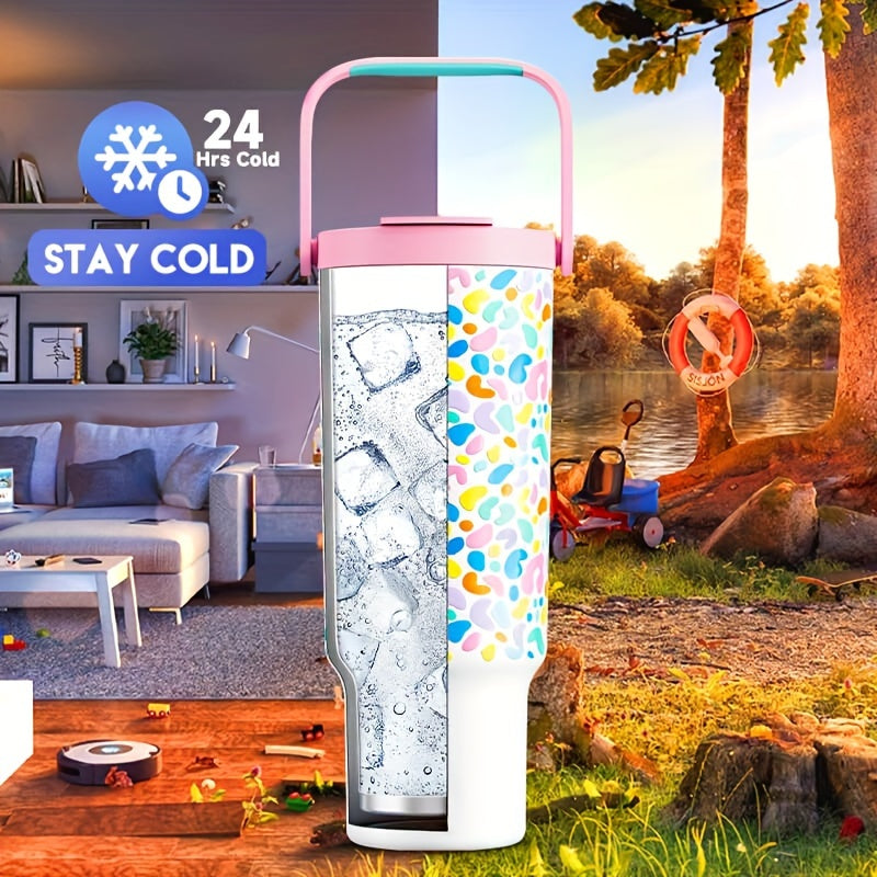 1pc 40oz Insulated Stainless Steel Tumbler With Handle - Leak-Proof, Keeps Cold For 24 Hours, Fits Car Cup Holder - Reusable, Round, Multipurpose Travel Mug With Lid And Straw