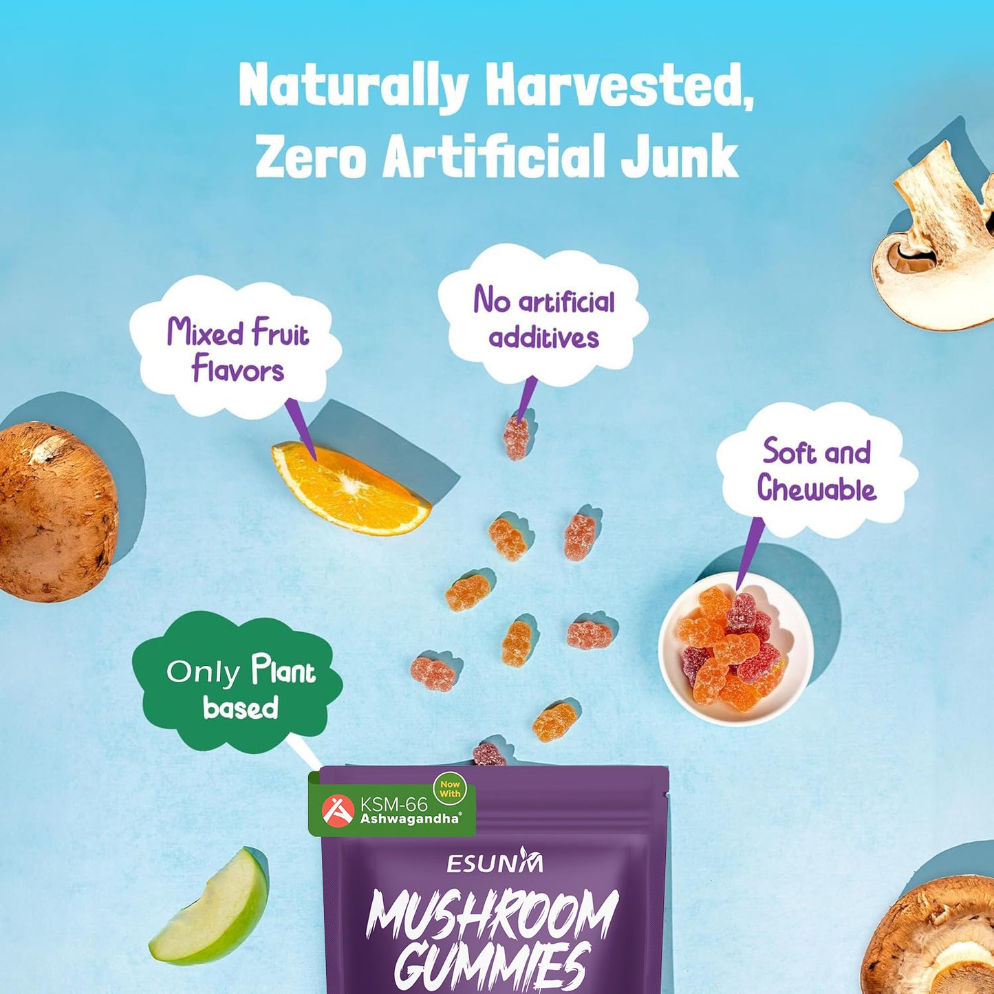 1/2/3/4 Bags Ashwagandha And Lions Mane Mushroom Gummies - Includes Reishi, Cordyceps, Turkey Tail, Maitake, Shiitake, And Chaga, Low Carb, 80 Gummies Per Bag