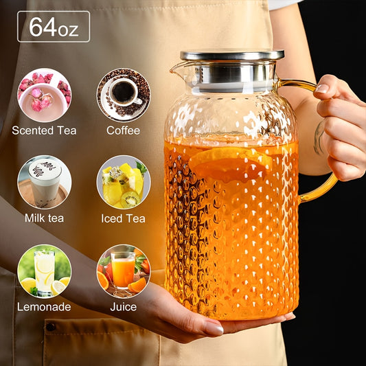 64oz High Borosilicate Glass Pitcher with Lid & Spout - Large Bore Design for Easy Cleaning, Perfect for Iced Tea, Juice, Milk, and Cold/Hot Drinks - Durable & Reusable, Ideal for Home and Restaurant Use, Beverage Serving | M