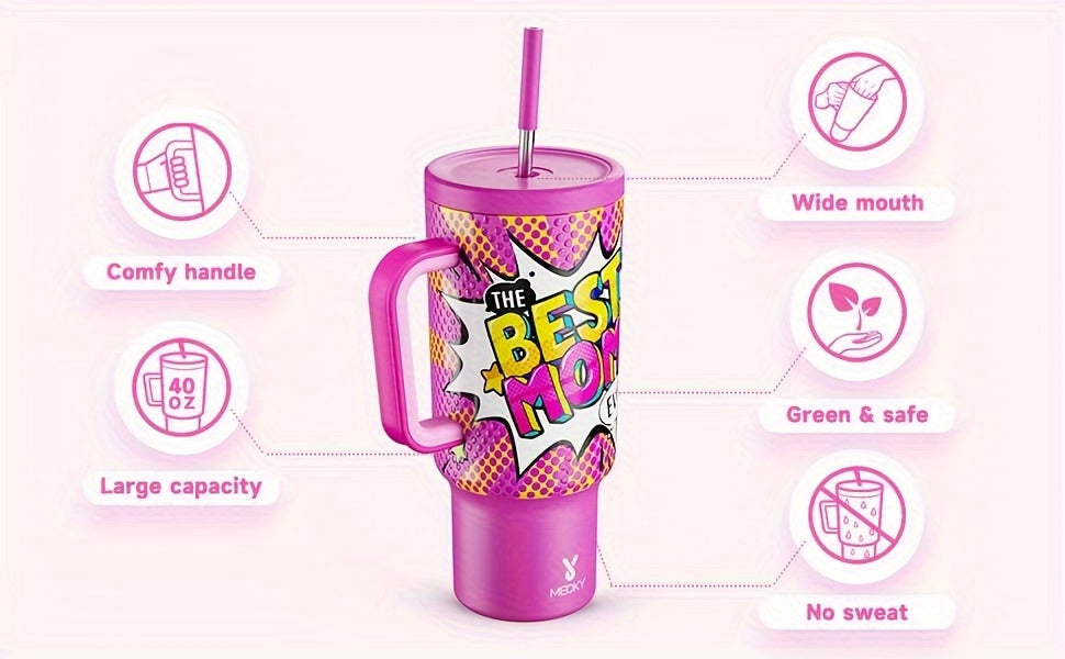Meoky 1pc, Tumbler With Lid And Straw, 40oz Stainless Steel Insulated Water Bottle With Handle, Gift Drinking Cups, Keeps Cold For 34 Hours Or Hot For 10 Hours, Portable Suitable For Outdoor Camping, Hiking, Driving, And Car