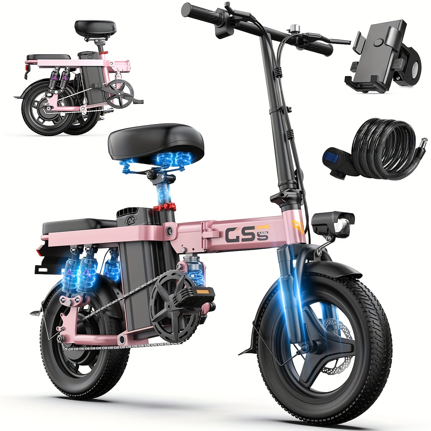 700W Peak Motor Electric Bike for Adults, 20MPH, 48V15Ah, 32-Mile Range, Folding Design with 14" Tubeless Off-Road Tires, Multiple Shock Absorbers, Black, Unisex, Perfect for Daily Commuting and City Use