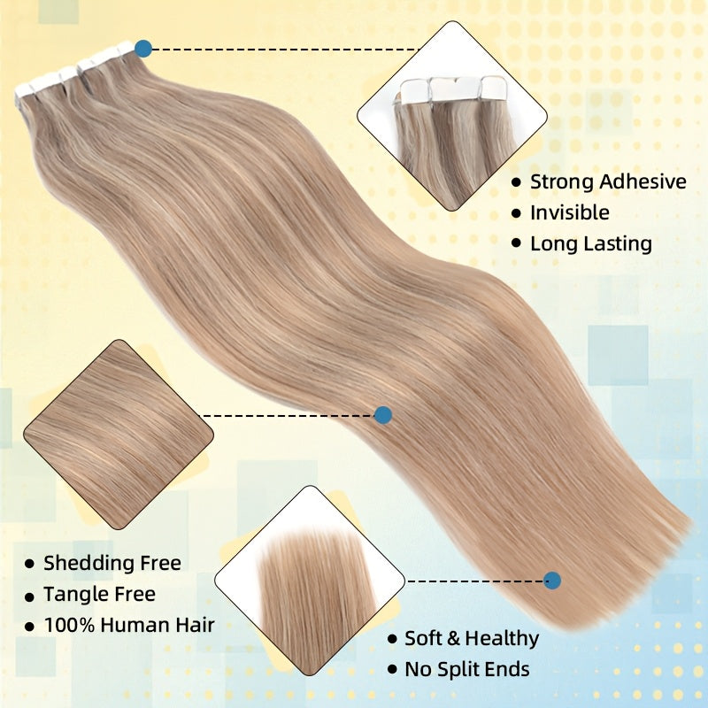 16pcs Vlasy Women's Natural Blonde Balayage Highlights Hair Extensions - Seamless Clip-In Straight Human Hair (12"-24" Lengths, Brown to Blonde Tones) - Easy Application & Damage-Free Removal, Natural Brown Base for Lighter S