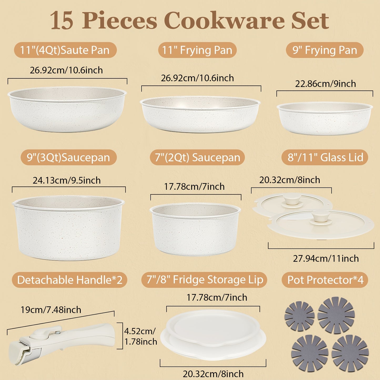 15 Pcs Pots and Pans Set, Non Stick Kitchen Cookware Set, Detachable Handle Nonstick Induction Cookware Cooking Sets with Removable Handle, Cookware Set, White