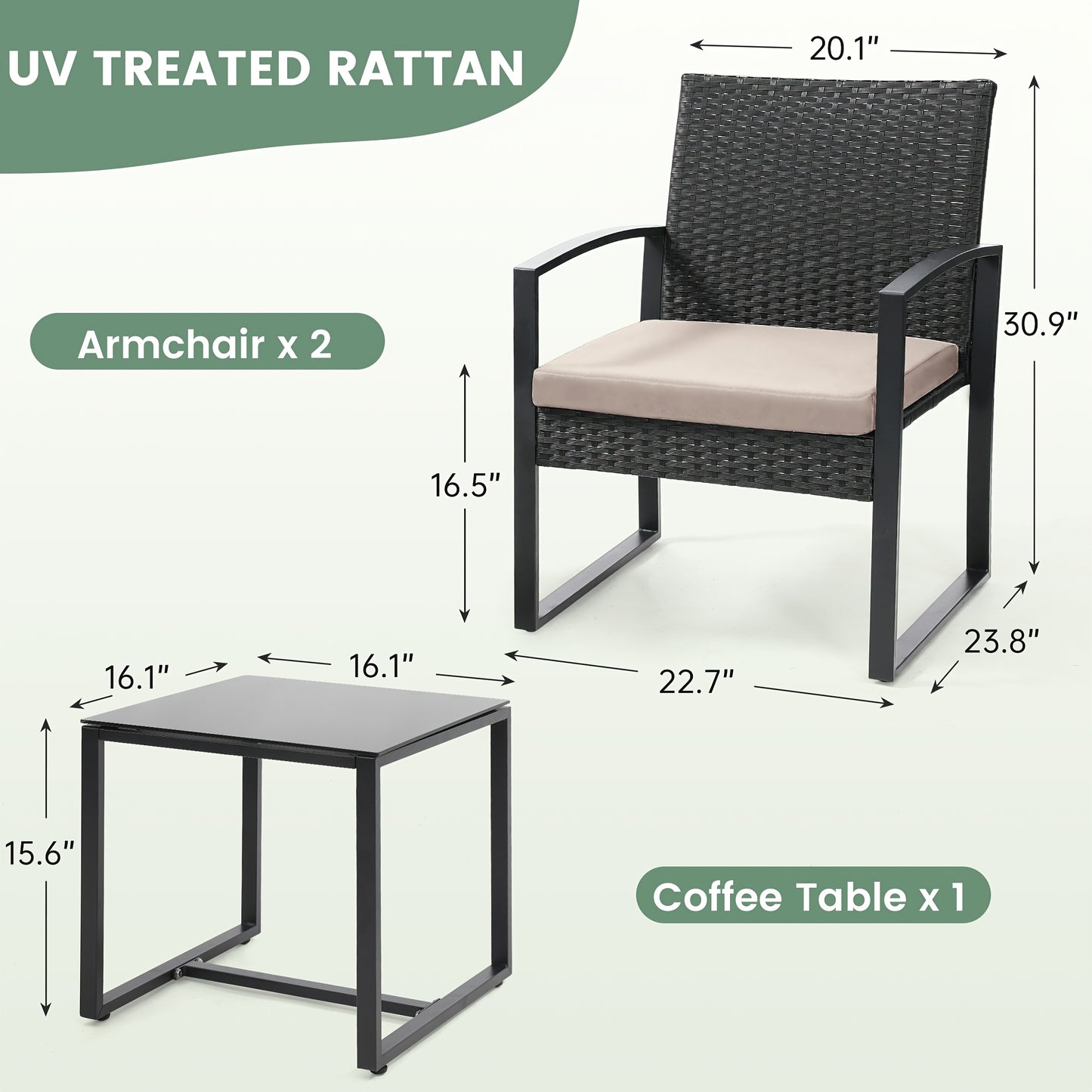 Outdoor Chairs With Bistro Table Furniture Set, Wicker Rattan 3pcs Conversation Set Includes 2 Waterproof Chairs With Thick Cushions And 1 Bistro Table With Safety Glass Top