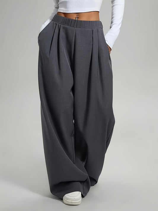 Women'S Elegant High-Waist Wide-Leg Pants with Pockets - Solid Color Gray, Flowy Design, Perfect for Fall/Winter, Casual to Formal Wear, Comfortable Fabric