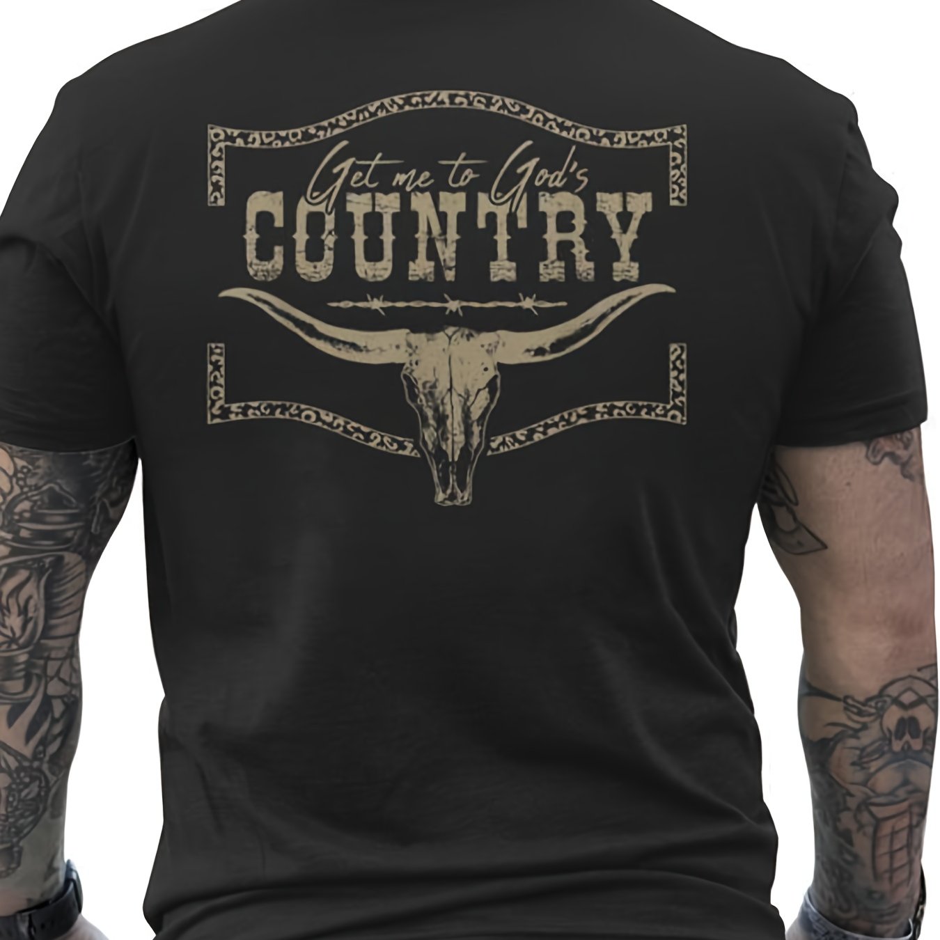 Men's Western Bull Skull Graphic T-Shirt - Black & Beige Cowboy Tee - Heavyweight 100% Cotton Loose Fit Shirt for Country Concerts, Ranch, Everyday Casual - All-Season Breathable Top, Ranch Outfit, Streetwear Fashion,