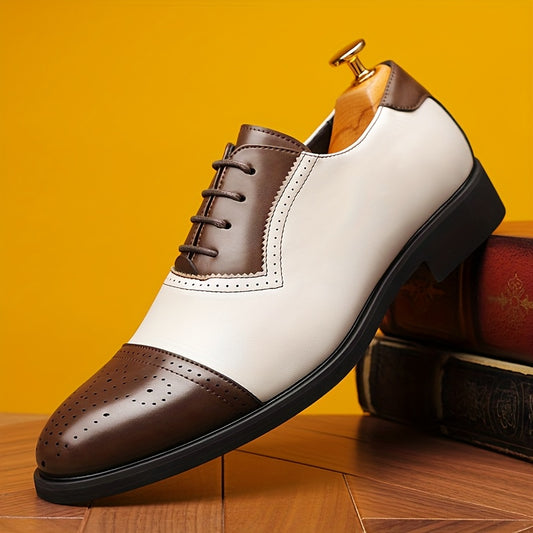 Men's Plus Size Casual Lace Up White Brown Color Blocked Oxford Shoes, Ultra-fine Fiber Leather Upper, Comfortable, Wear-resistant, Non Slip Rubber Sole, Suitable for Daily And Street Wear As A Lazy Shoe 85920-A