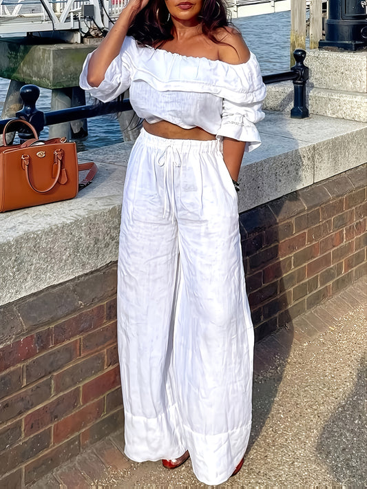 New Elegant Style Products In 2025, 2pcs Set Of Casual And Elegant Clothes For Women, Suitable For All Seasons To Wear, One-shoulder Off-shoulder Solid Color Top And Strap-on Straight-leg Pants Suit