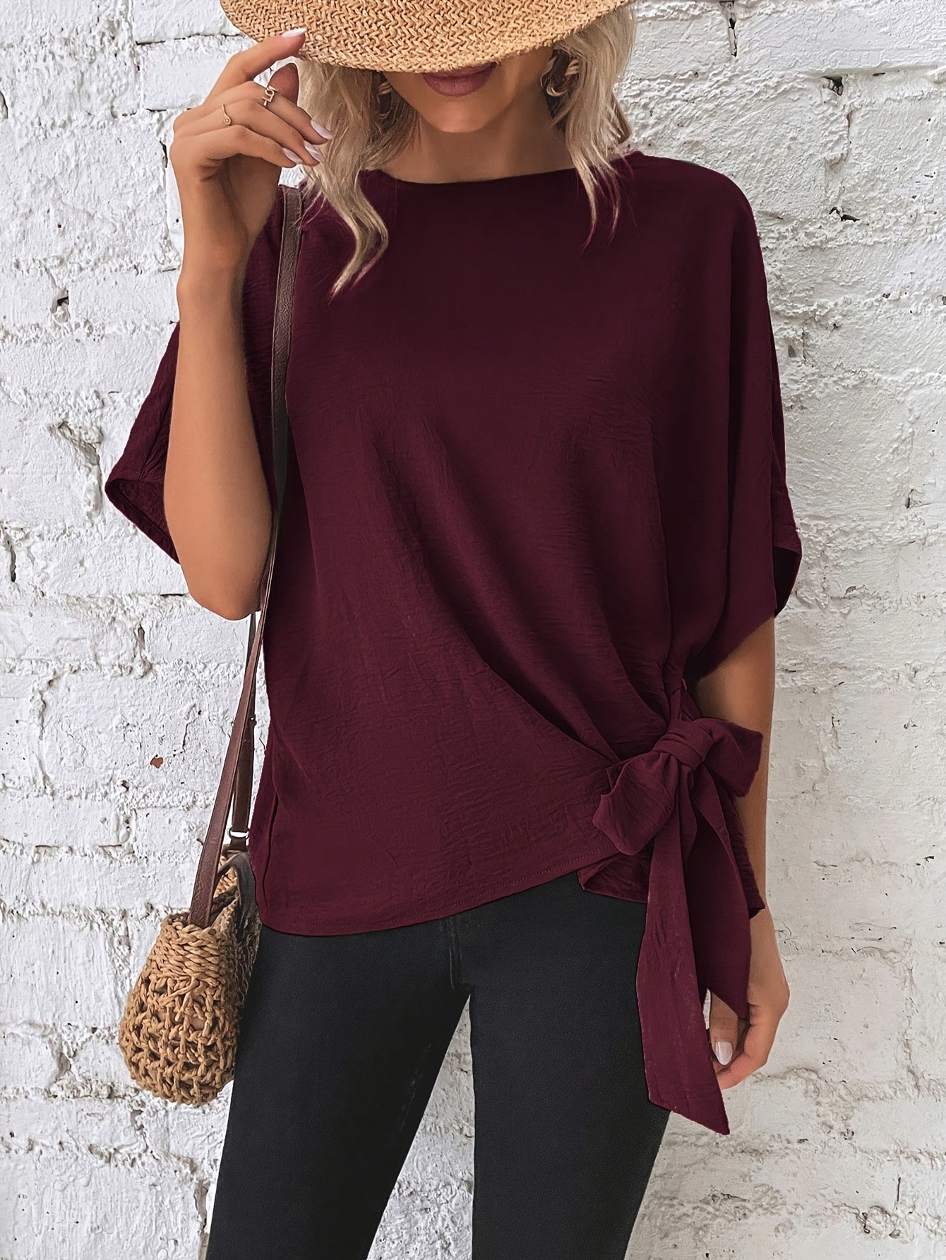 [Burgundy Casual Shirt] Burgundy Women's Casual Shirt | Batwing Sleeve, Side Knot Detail, Round Neck, Solid Color, Machine Washable, Regular Fit