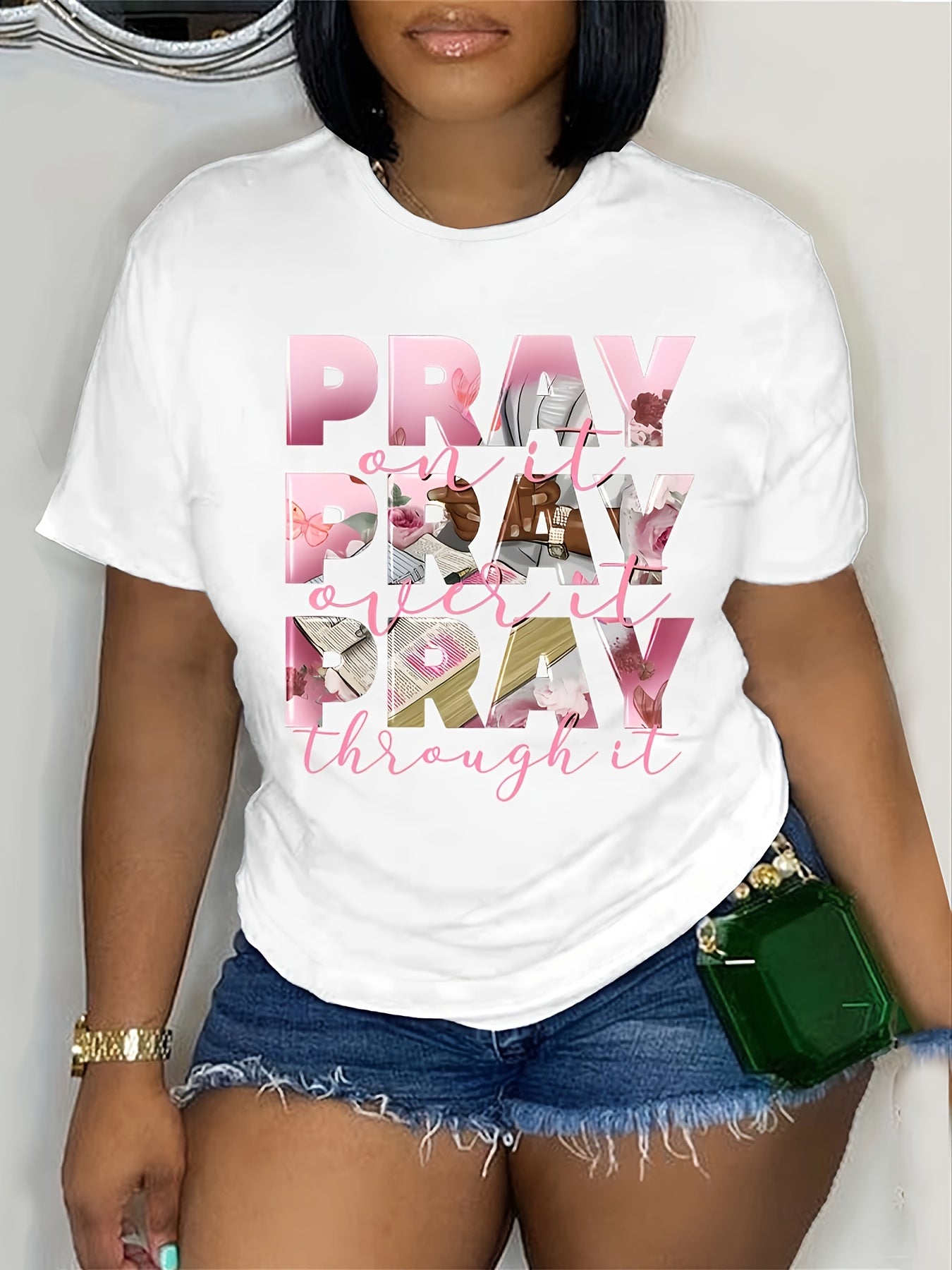 Short Sleeve Stretchy Polyester Blend Plus Size Inspirational T-Shirt for Women - "Pray Over It" Print, Casual Crew Neck, Machine Washable - Perfect for Spring/Summer/Fall