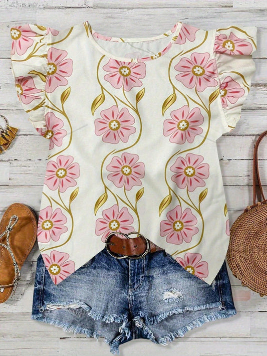 Women's Casual Floral Print Sleeveless Blouse - Pink Flower Design on White, Lightweight Breathable Fabric, Machine Washable Spring Summer Top for Casual Outings & Beachwear