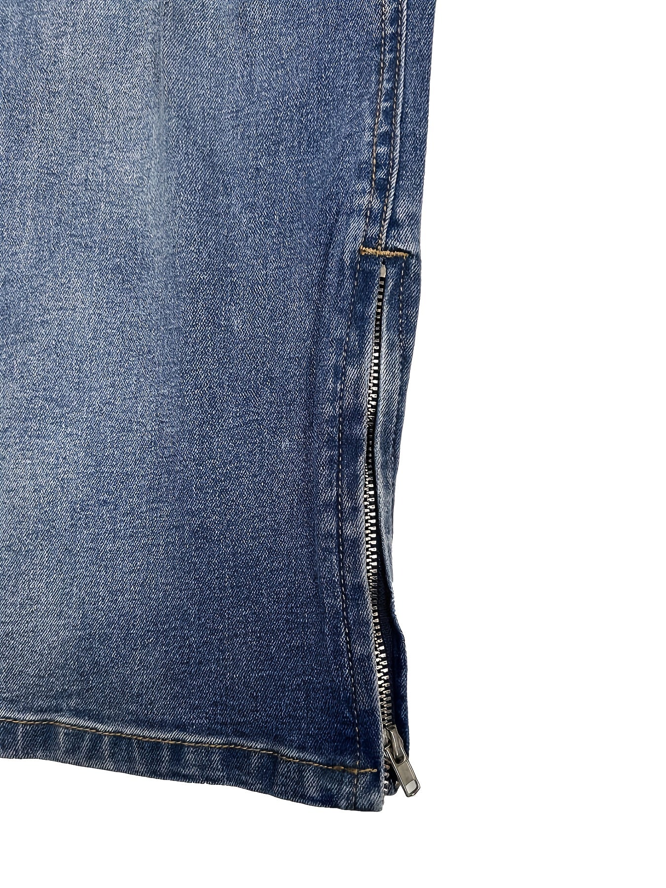 Men's Loose Straight Ripped Jeans - Men's Blue Stretch Micro Flared Pants, Leg Zipper, Washed Gradient Design, Mid to High Waist, Stylish Street Split, All-Season Jeans