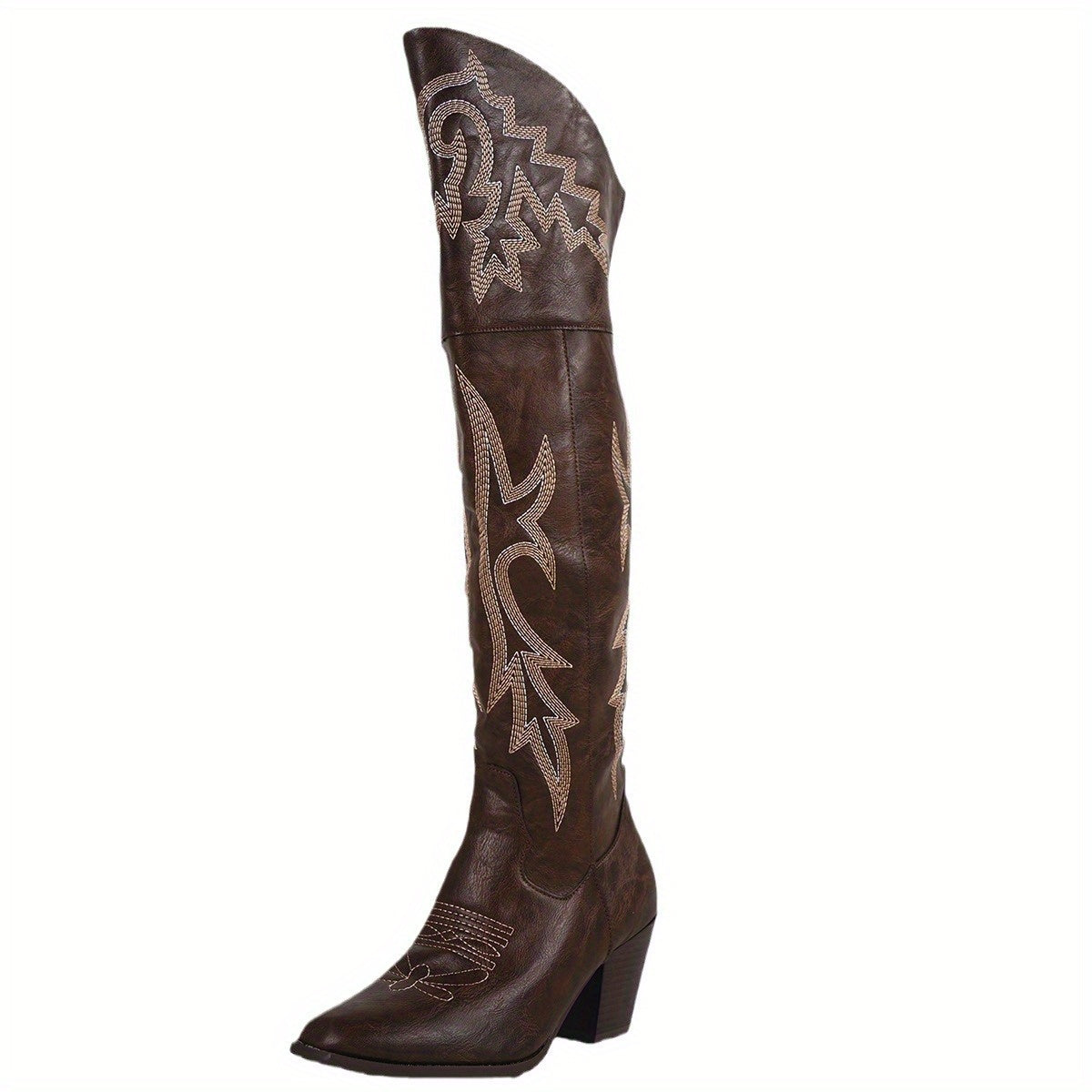Women'S Western Cowboy Boots - Over-the-Knee Heel, Slip-On Closure, Pointed Toe, Solid Color, Mid-Calf Length, European/American Style, Durable TPR Sole, Perfect for Casual or Formal Wear, Cowboy Boots