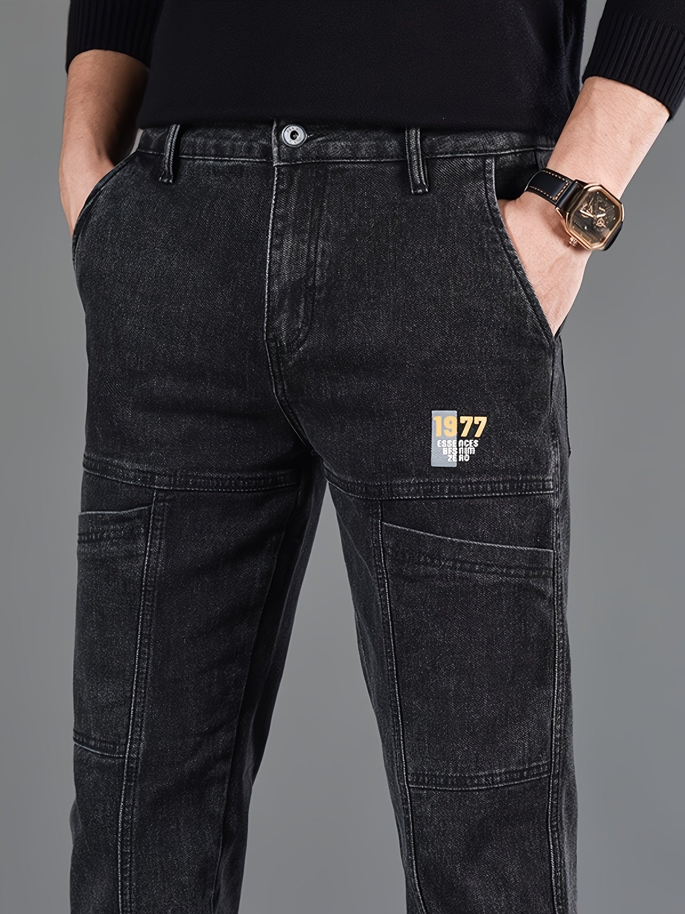 Men'S Small Straight Tube Style Fashionable Printed Six Pocket Design Micro Elastic Denim Pants