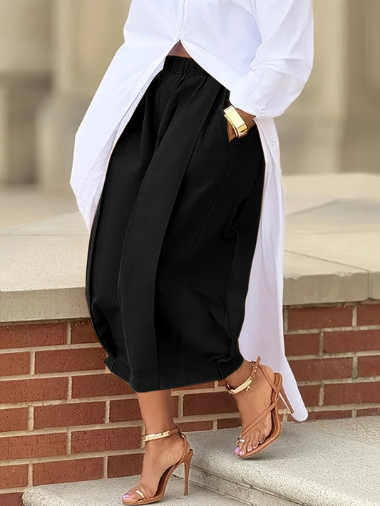 Women's Casual Loose-Fit Solid Color Wide-Leg Pants with Pockets - All-Season Machine Washable Trousers for Casual Attire, Office & Social Events, Versatile Event Attire, Smooth Texture Fabric