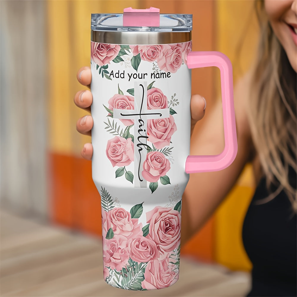 1pc RZUIYTE Personalized 40oz Stainless Steel Tumbler with Lid – Custom Name, Insulated & Durable, Floral Design, Ideal Gift for Birthdays, Holidays, Special Occasions, Christian Themed Gift|Vibrant Pink Handle|Durable Drin