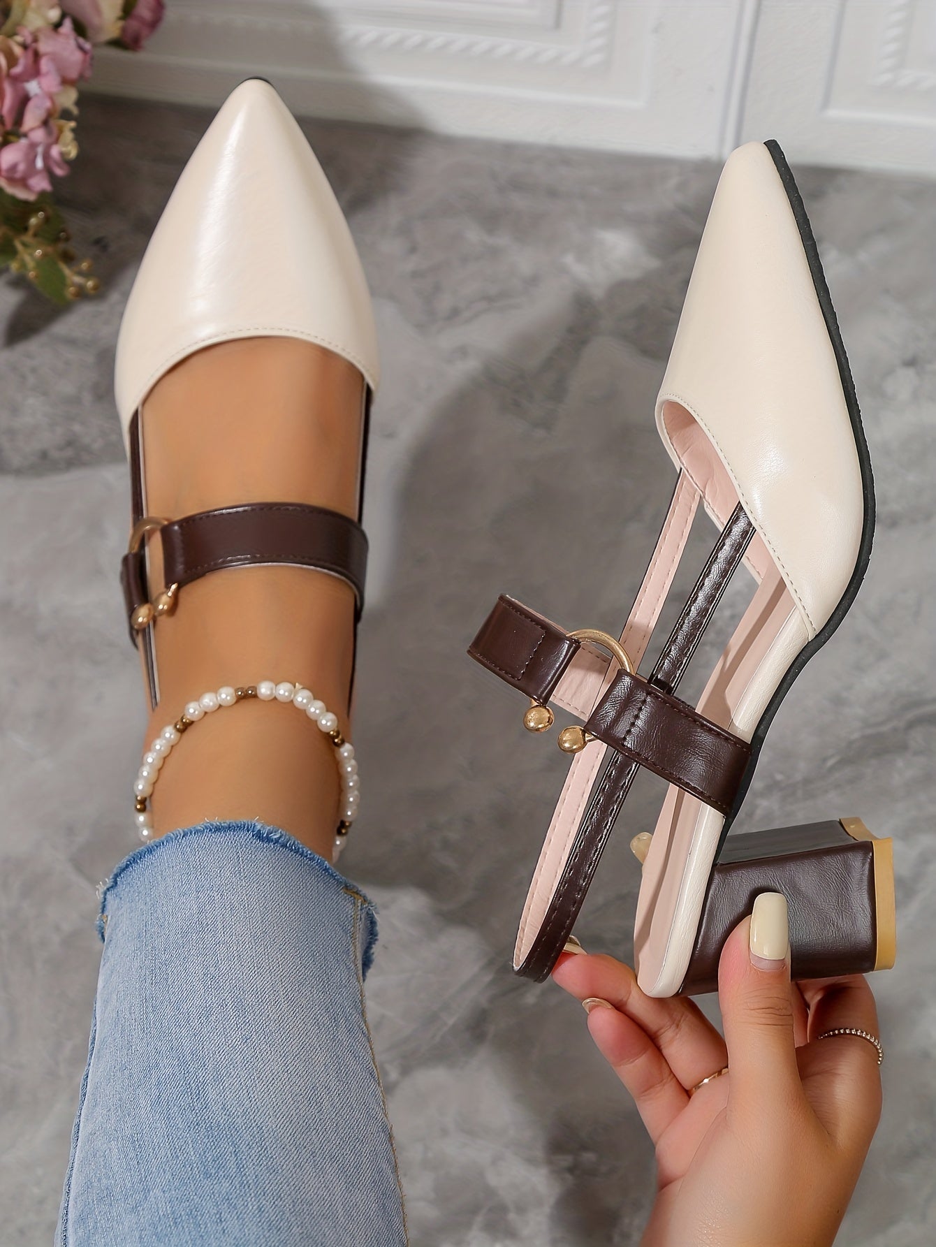 [Thick Heel Sandals] Medium Heel Ladies Pointed Toe Baotou Thick Heel Fashion Sandals Versatile Shoes