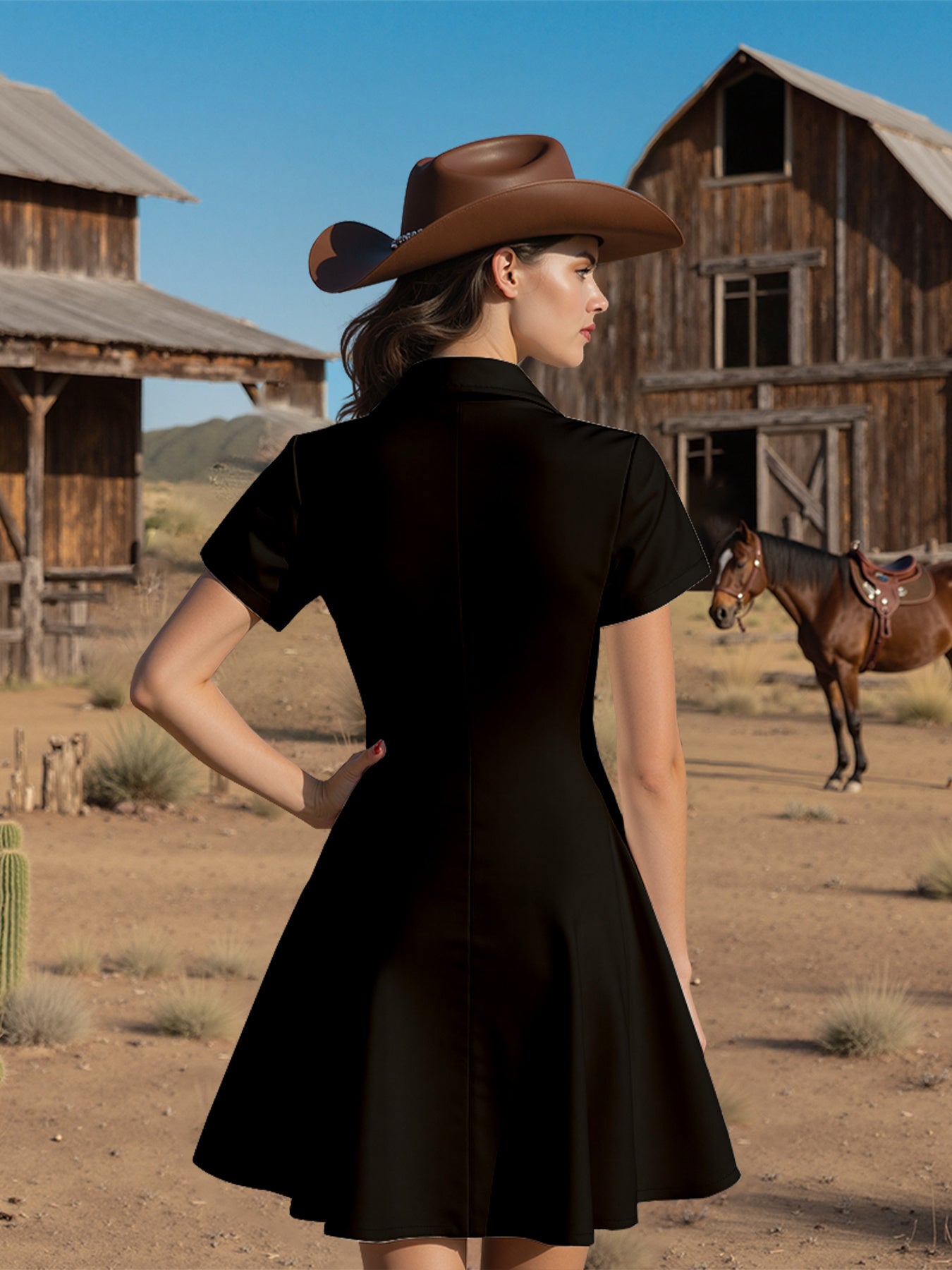 Plus Size - Women'S Western Cowgirl Outfit - Black Shirt Dress with Lapel Collar, Non-Stretch Fabric for Western Events, Beach Vacations & Casual Outings - Lightweight Summer Dress for Women, Cowgirl Dress, Vacation Attire, D