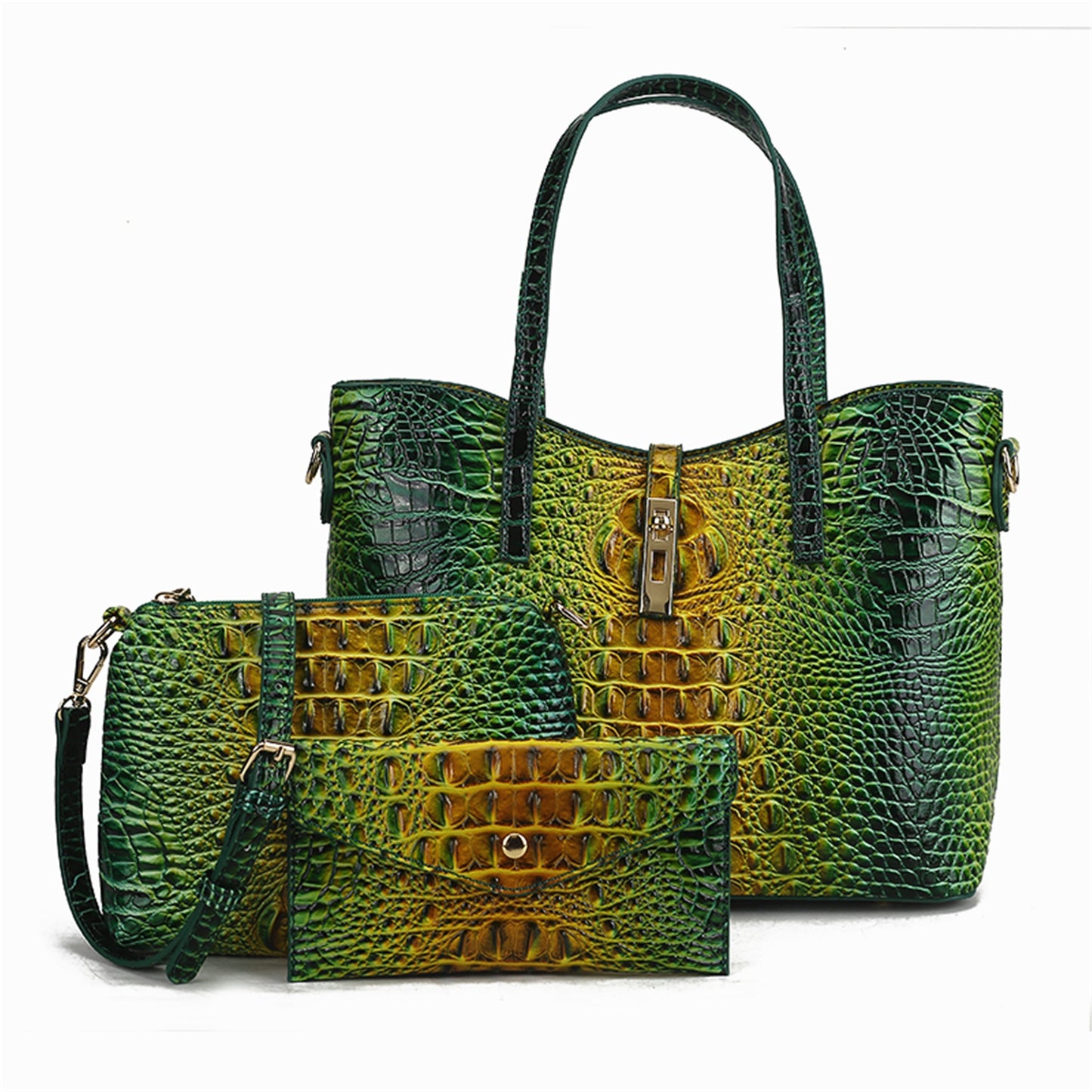 3pcs Set: Colorful Crocodile Pattern Large Capacity Faux Leather Tote & Crossbody Bags With Matching Wallet Combo, Christmas, Mother'S Day Gifts, Halloween Gifts