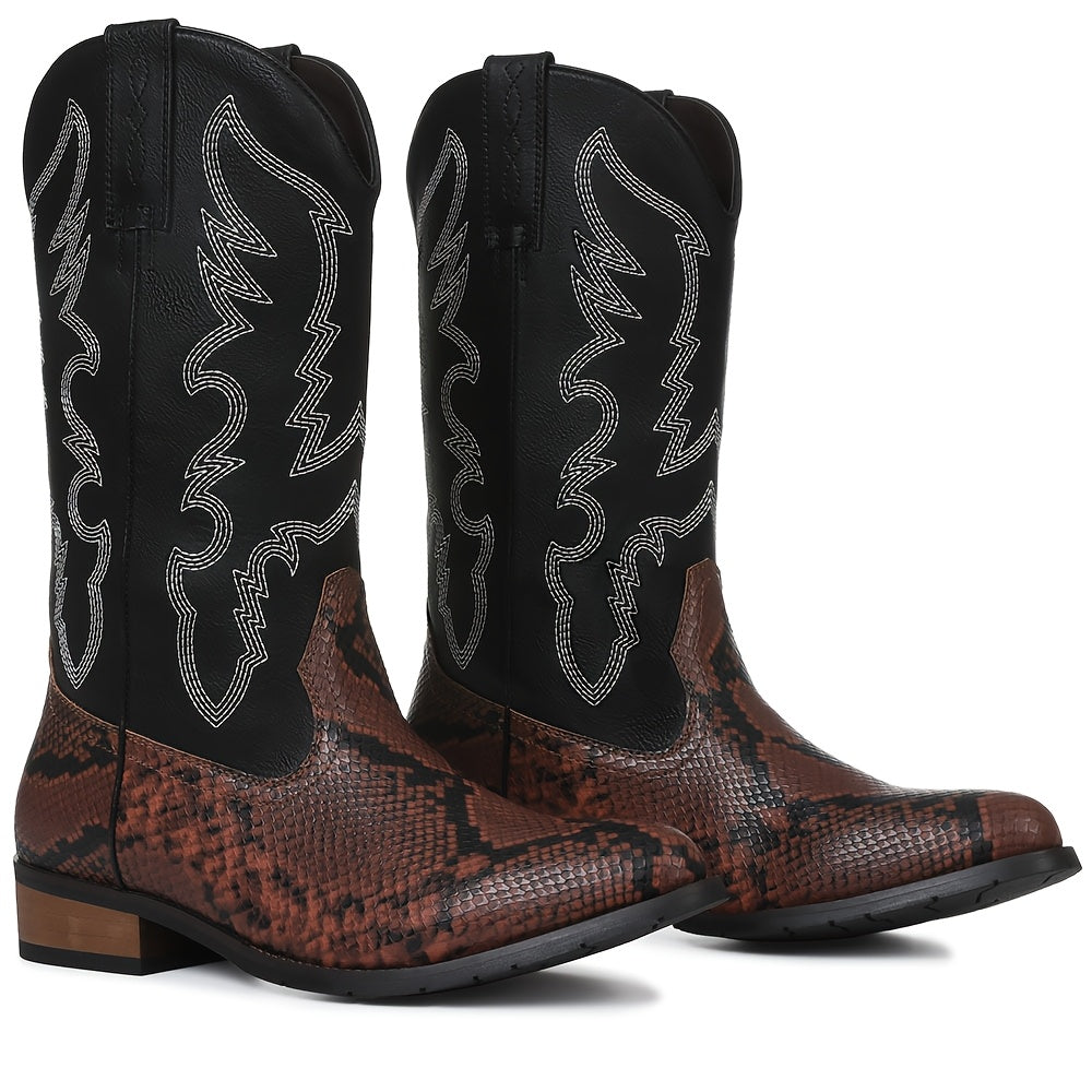 [MIKARKA Western Cowboy Boots] MIKARKA Men's Western Cowboy Boots - Pointed Toe, PU Upper & Inner, Rubber Sole, Slip-On, Short Boots with Striped Pattern