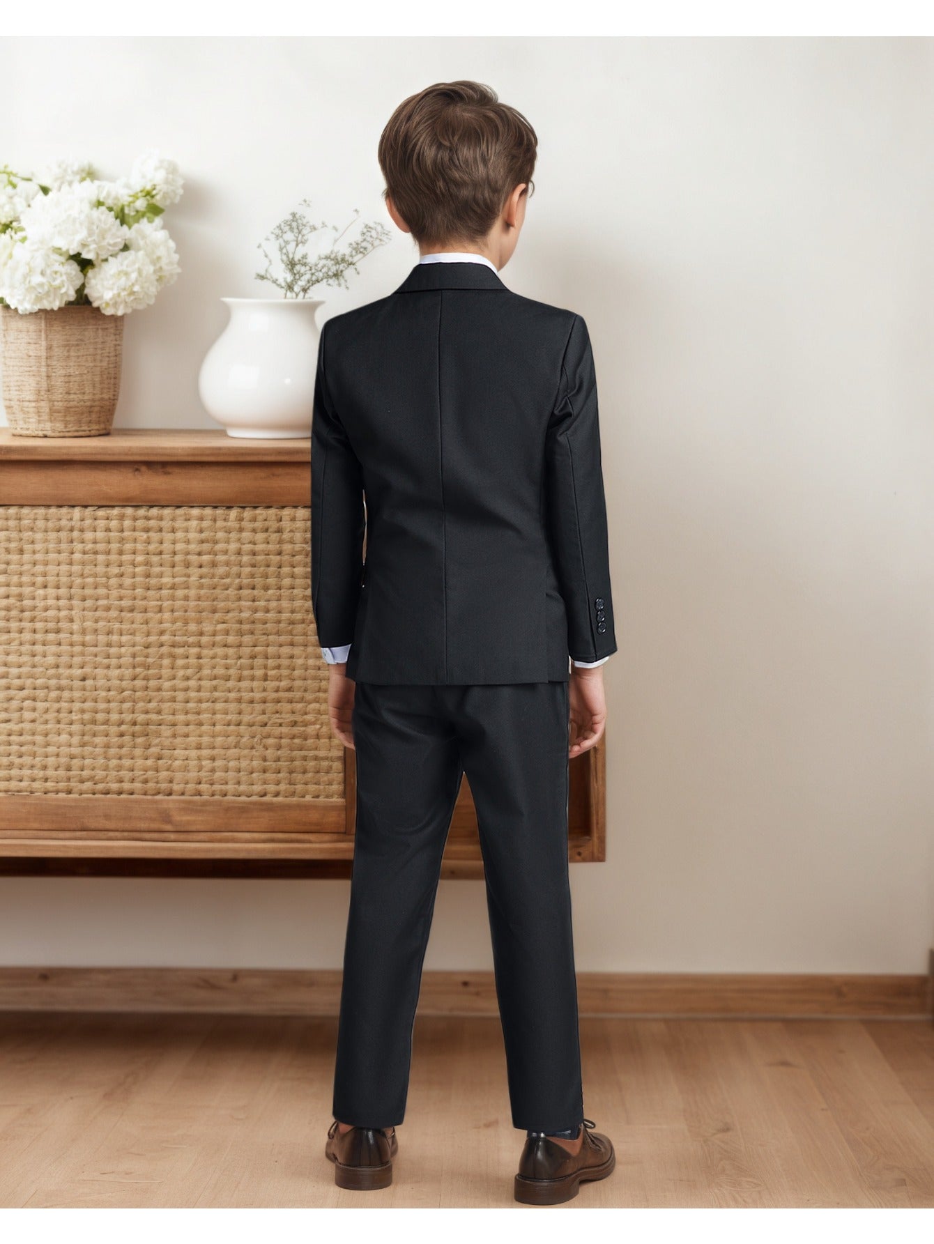 Boys' 4pcs Serge Suit Set: Jacket + White Ruffled Shirt + Pants + White Tie, White/ Black/ Royal Blue, Sizes 2-16, Ideal for Weddings/ Flower Boy/ Back to School, Perfect for Outdoor, Perfect for Thanksgiving, Perfect for Chr