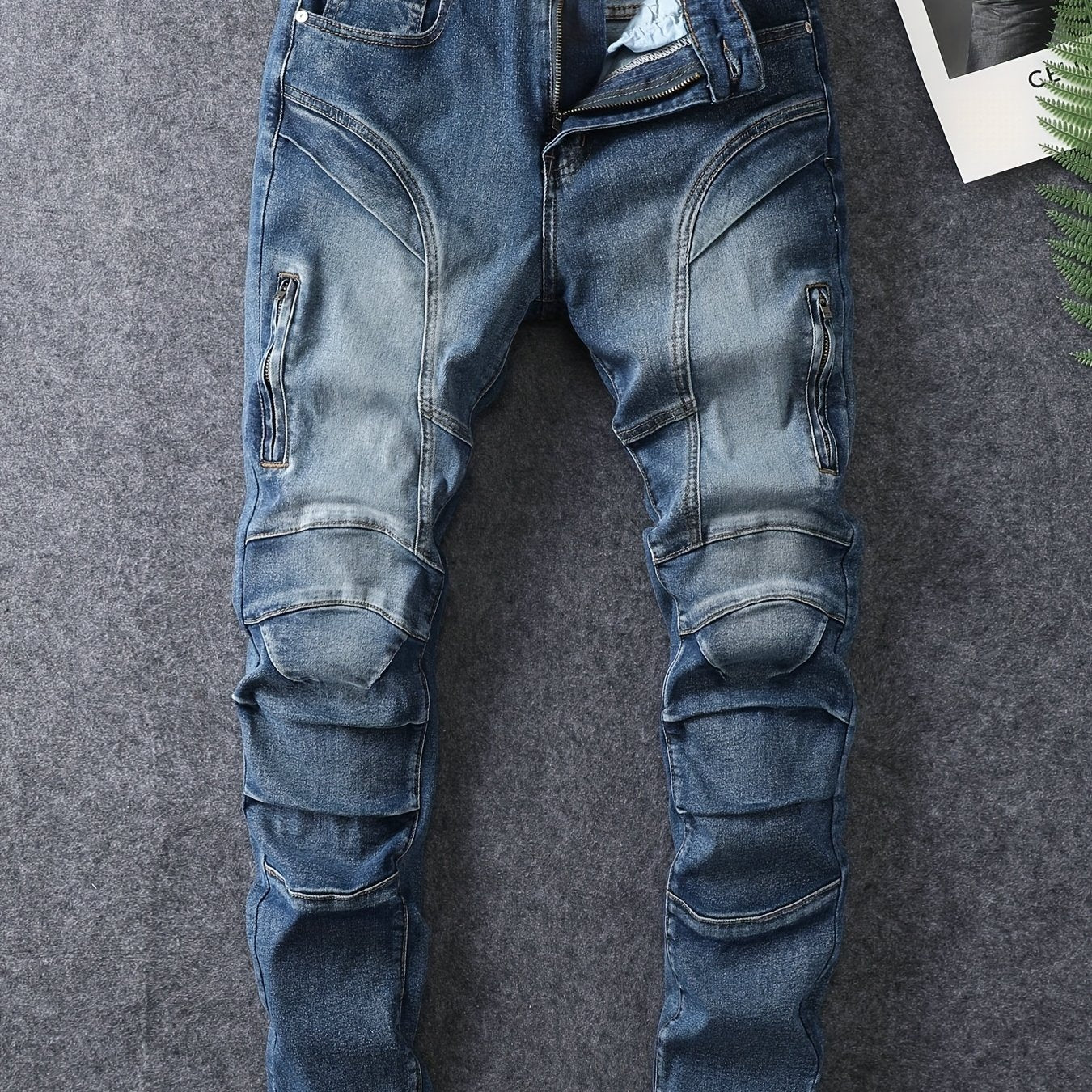 Men's Slim Fit Stretch Jeans - Washed, Bleached, Distressed, Panelled Design, Stylish Workwear, Practical And Wearable, Machine Washable All-season Jeans