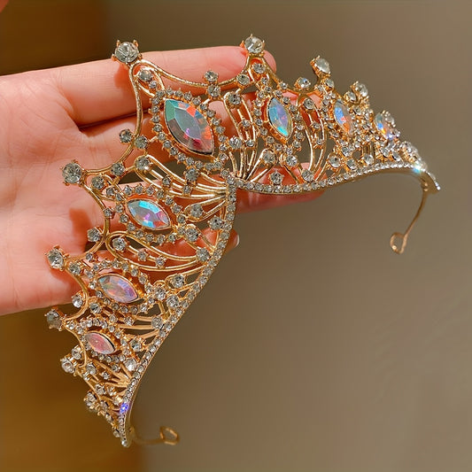 1pc LEMON LOVE Girls' Golden Crown Headband - Sparkling & Iridescent Gemstones, Adjustable Elastic Band, Lightweight Princess Party Headwear for Birthdays, Weddings, Photo Shoots, Youngsters Event Accessory | Embellished with