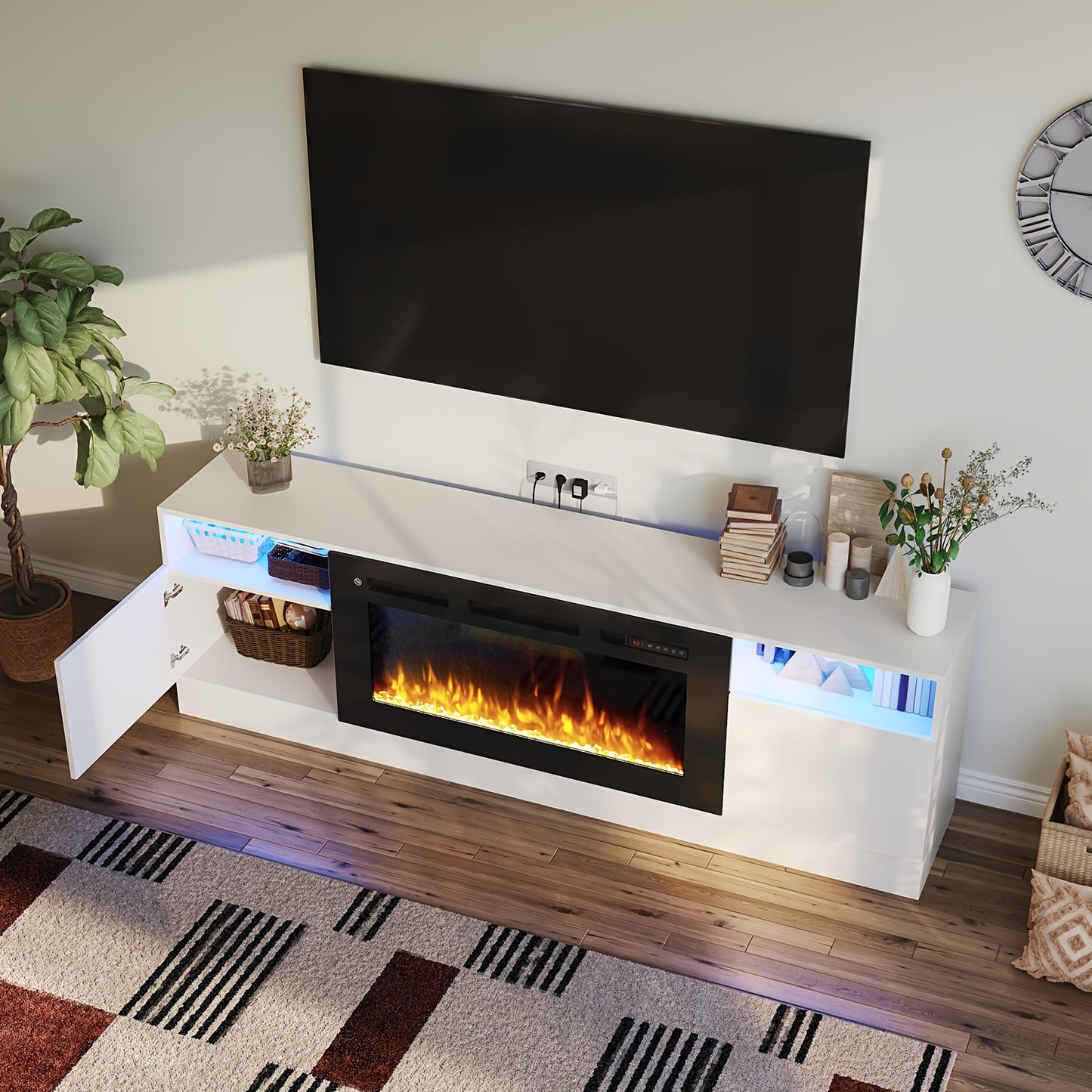 Modern Electric Fireplace TV Stand Entertainment Center with 36.3" Wall-Mounted Fireplace, 12-Color LED Lights, High-Gloss Storage Cabinet & Hardwood Construction - Fits TVs Up to 80", Energy-Efficient, Adjustable Timer