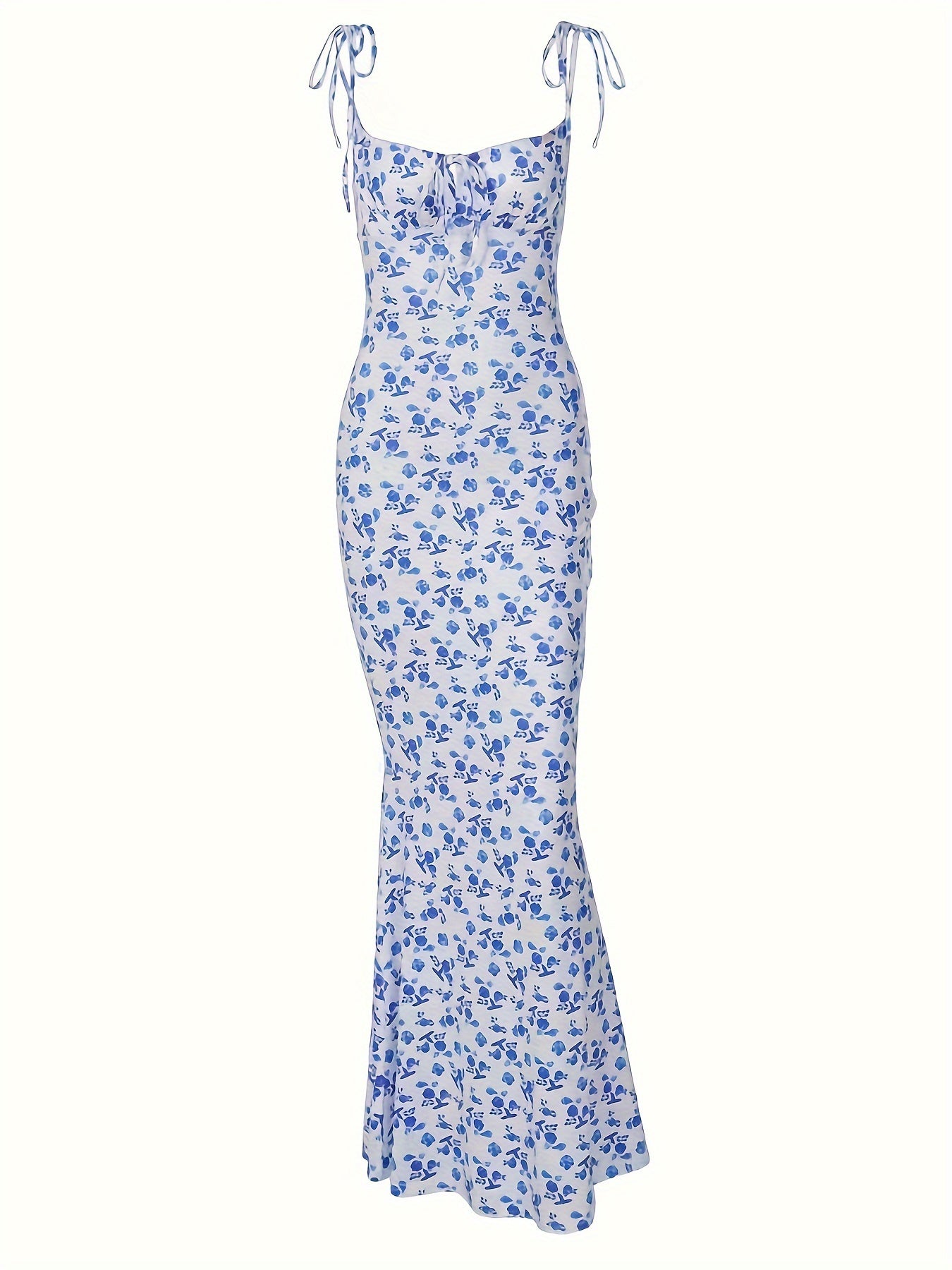[Mermaid Dress] Women's Floral Print Mermaid Dress with Spaghetti Straps - Sexy Elegant Blue Floral Pattern, Mid-Stretch Machine-Washable Fabric, All-Season Versatile for Casual & Formal Occasions, Formal Attire, Offshoulder