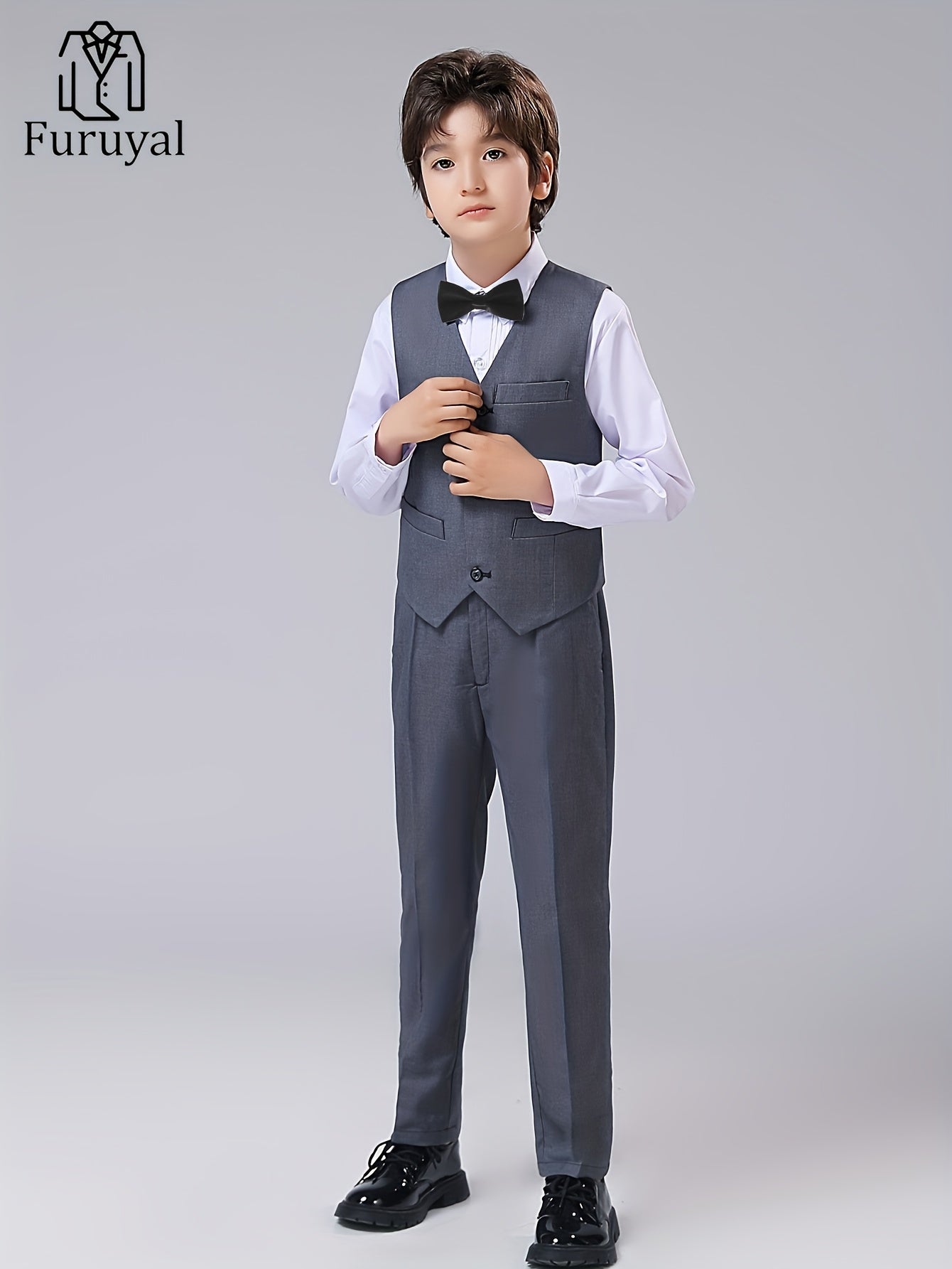 Furuyal Boys' 4pcs Formal Suit Set Vest Pants Collared Dress Shirt And Tie Boys' Suit Size 6-16Y Boys Suits Suitable For Music Festival Graduation Season Party